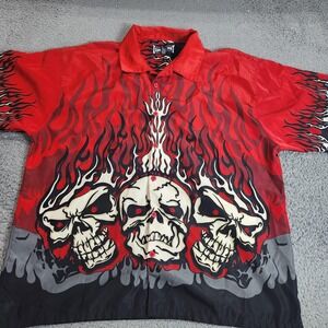 Steve & Barry's Shirt Mens 2XL Red Graphic Skull Flames Button Front Casual